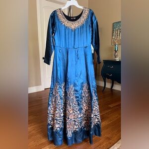 COPY - Satin Silk,Full Maxi,Embroidered,Sequins work, pleated,Blue Dress with S…